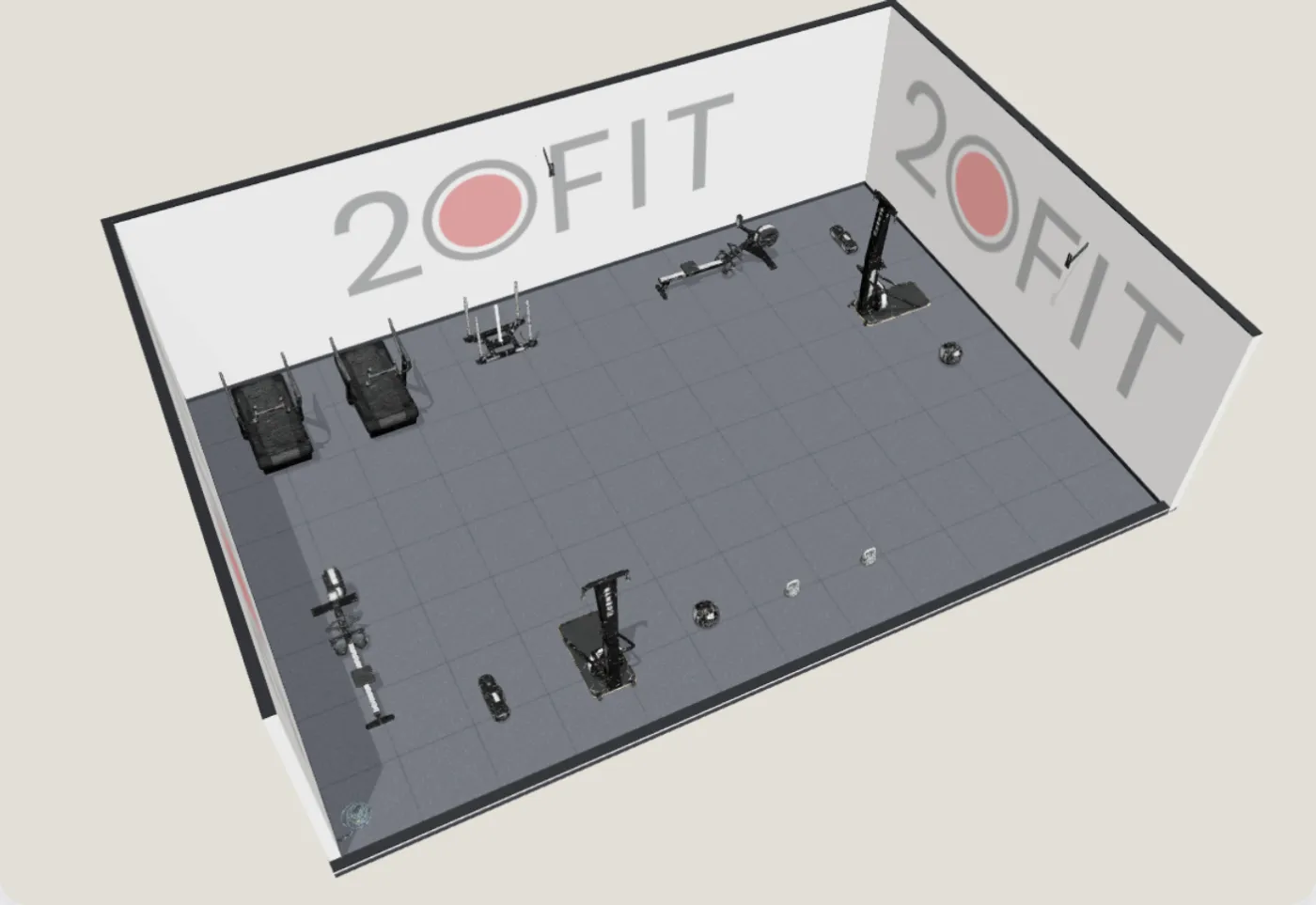 Design Studio 20FIT Shop: contoh layout HYROX 12 × 8 m dalam 3D